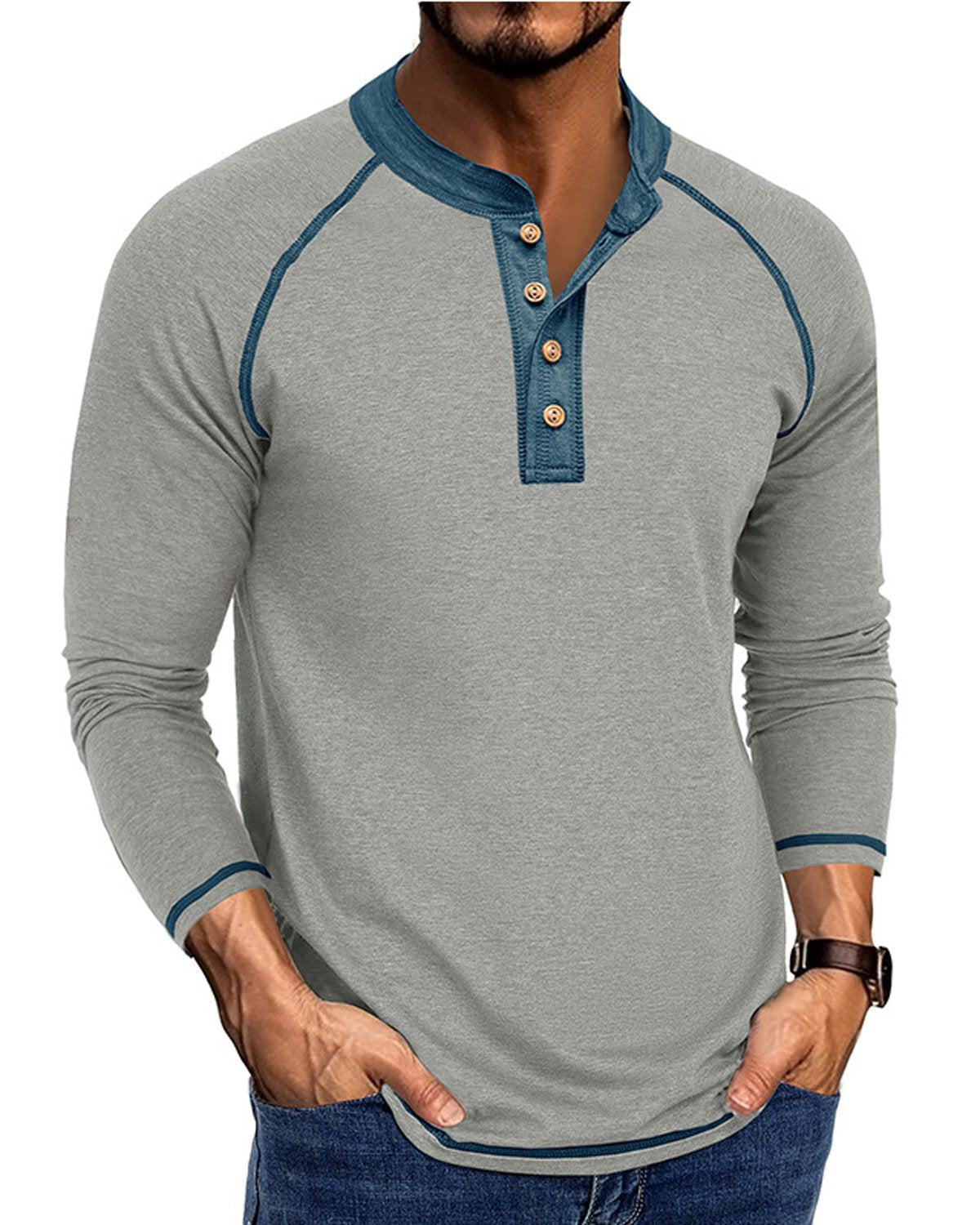 Alohadaddy® Men's Basic Solid Color Long-Sleeve Henley Polo Shirt