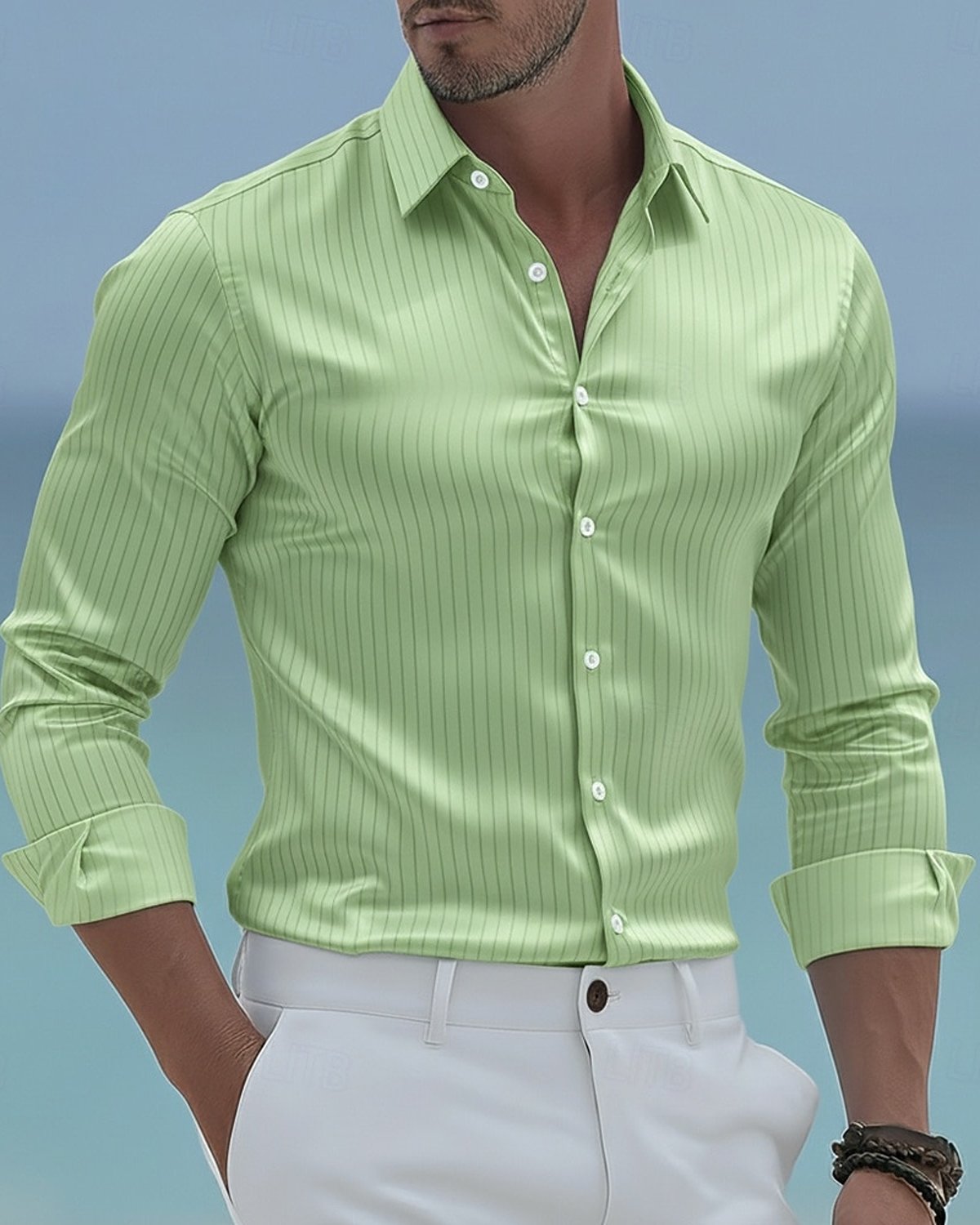 Alohadaddy® Satin Basic Line Print Men's Long-Sleeve Shirt