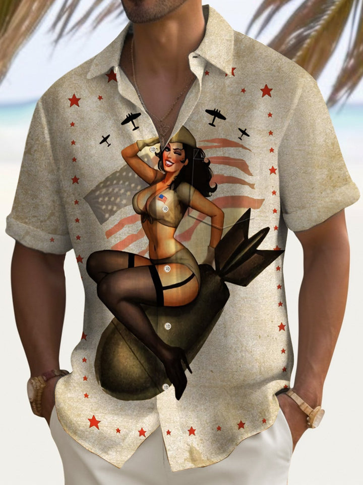 Camisa hawaiana para hombre del Día de la Independencia de Alohadaddy, camisa con bolsillo de secado rápido con arte de chica con póster de bomba atómica, talla grande