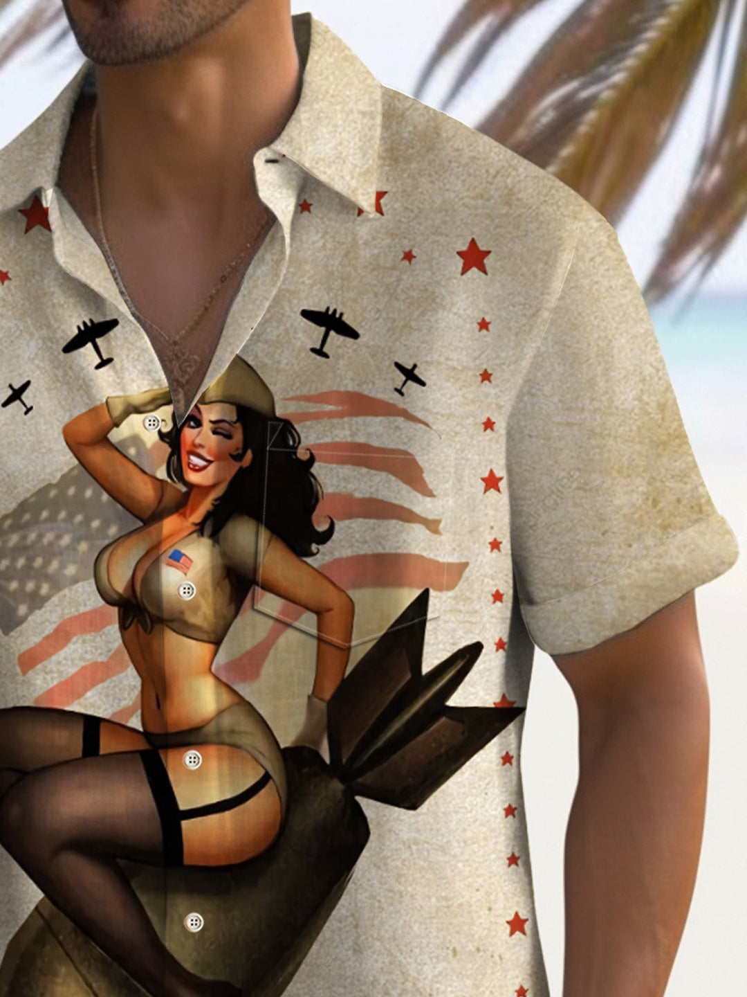 Camisa hawaiana para hombre del Día de la Independencia de Alohadaddy, camisa con bolsillo de secado rápido con arte de chica con póster de bomba atómica, talla grande