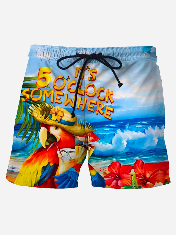 Son las 5 en punto en algún lugar, pantalones casuales de playa hawaianos de manga corta para hombre, pantalones cortos elásticos de talla grande con diseño de loro
