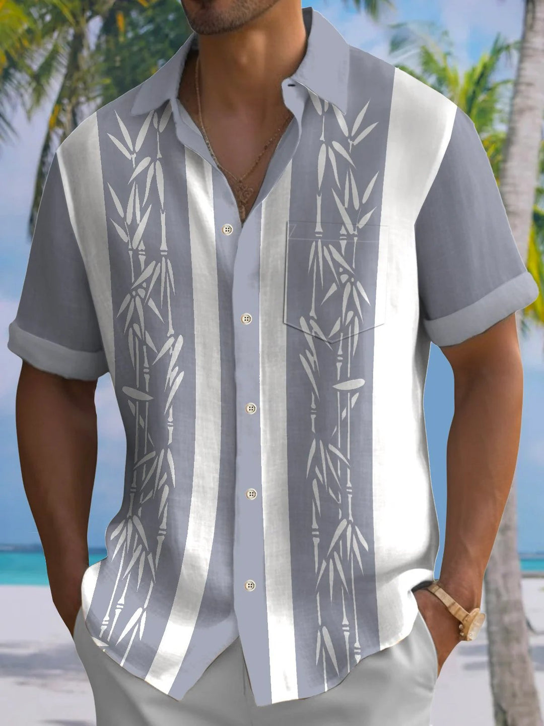 Big&amp;Tall Size Alohadaddy® Pocket Vintage Bowling Plant Bamboo Print Beach Men&