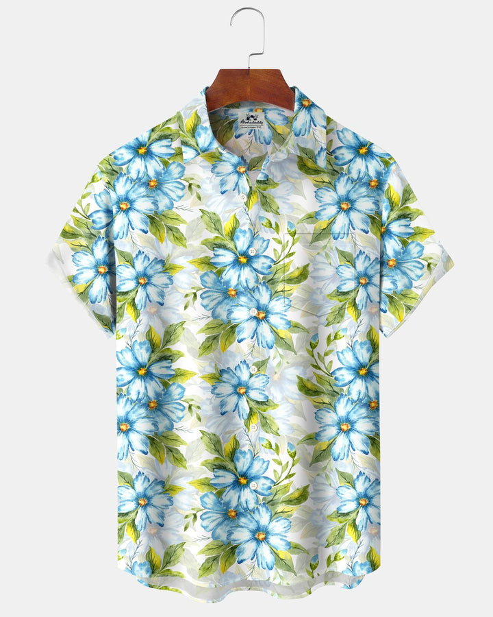Alohadaddy® Hawaiian Floral Watercolor Print Leaf Pattern Button-Down Shirt
