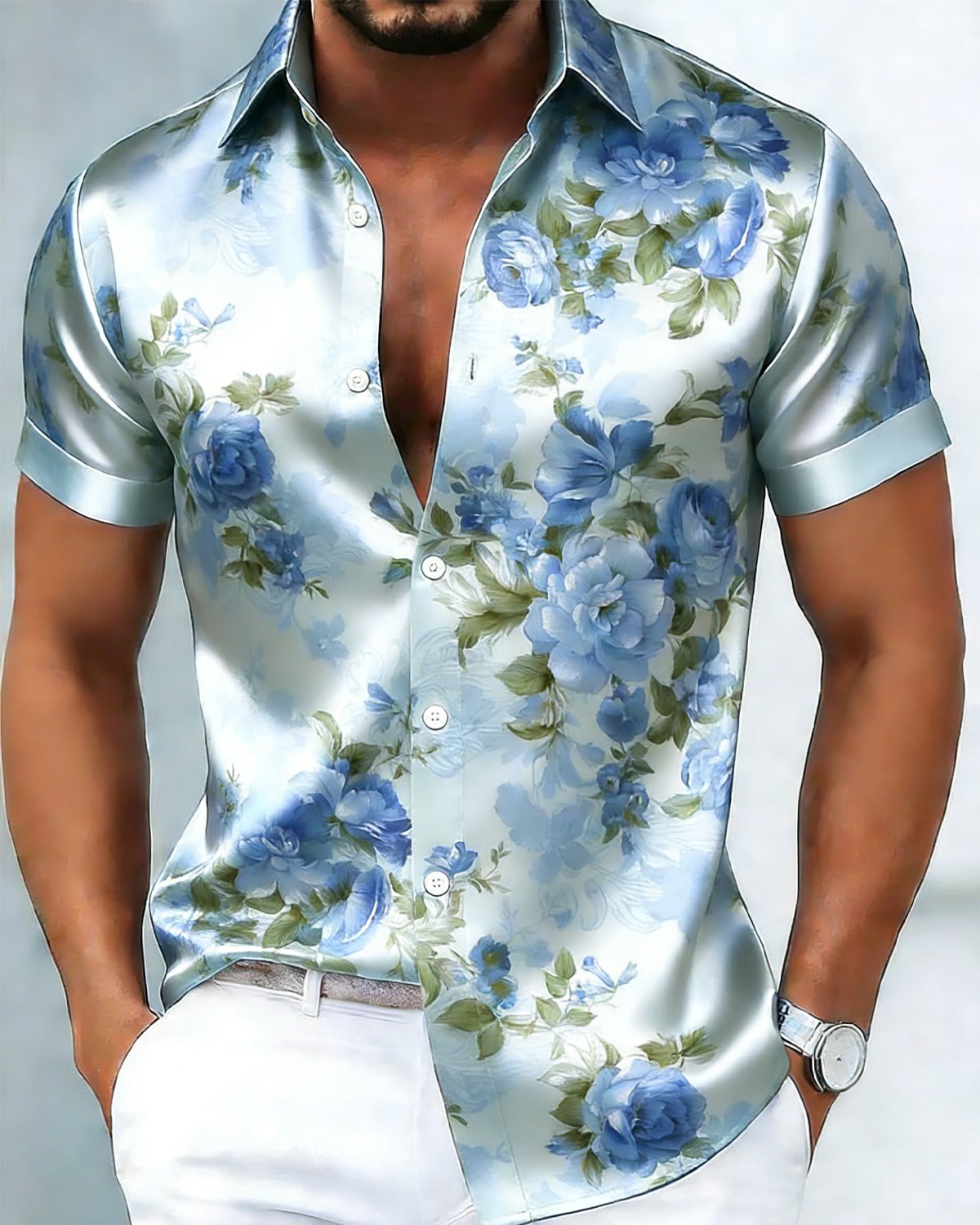 Alohadaddy® Satin Hawaiian Vintage Floral Button-Down Short-Sleeve Shirt