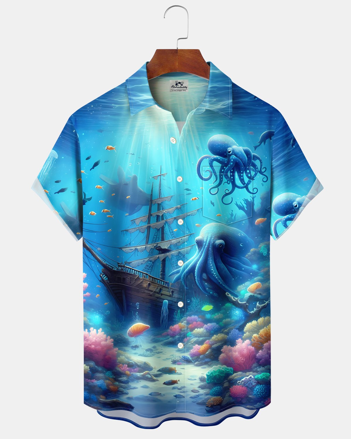 Alohadaddy® Hawaiian Octopus and Tropical Fish Print Short-Sleeved Shirt