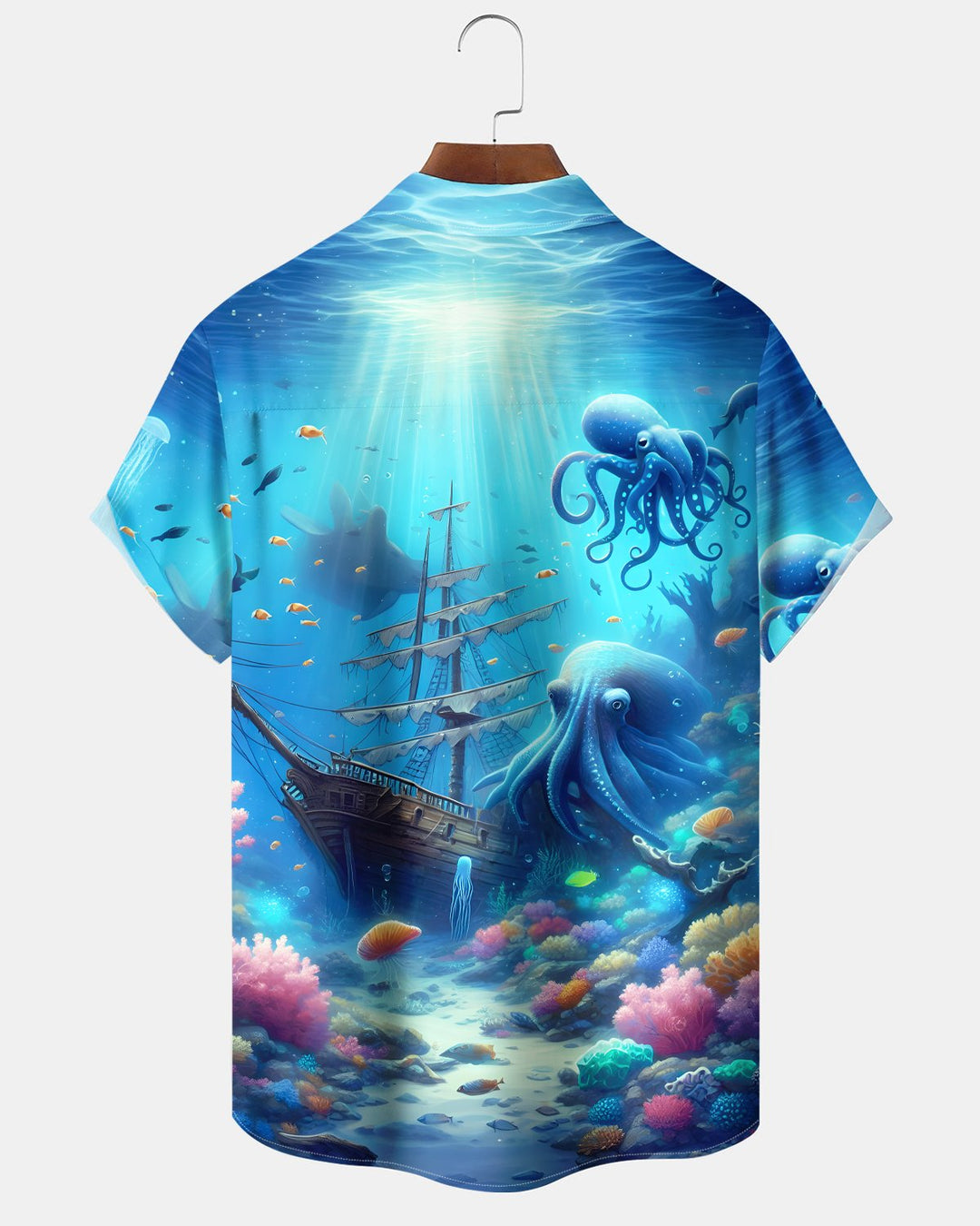 Alohadaddy® Hawaiian Octopus and Tropical Fish Print Short-Sleeved Shirt