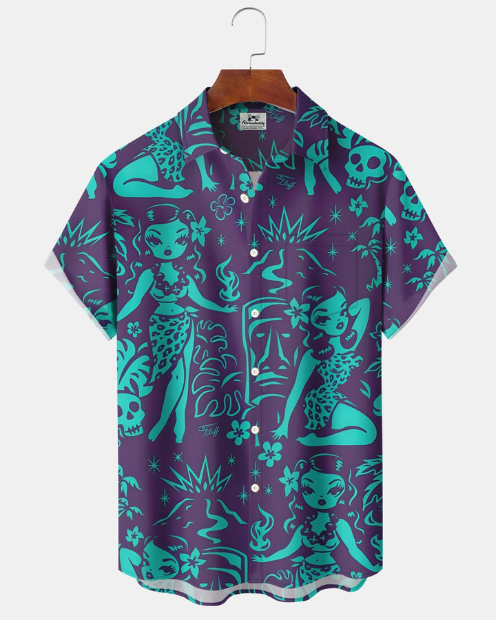 Alohadaddy® Hawaiian tiki Mermaid Coconut Tree Straight-Button Shirt