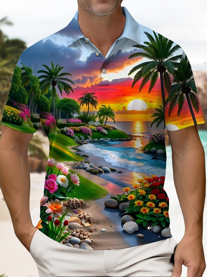 Alohadaddy® Hawaiian Beach Coconut Tree Floral Short-Sleeve Polo Shirt