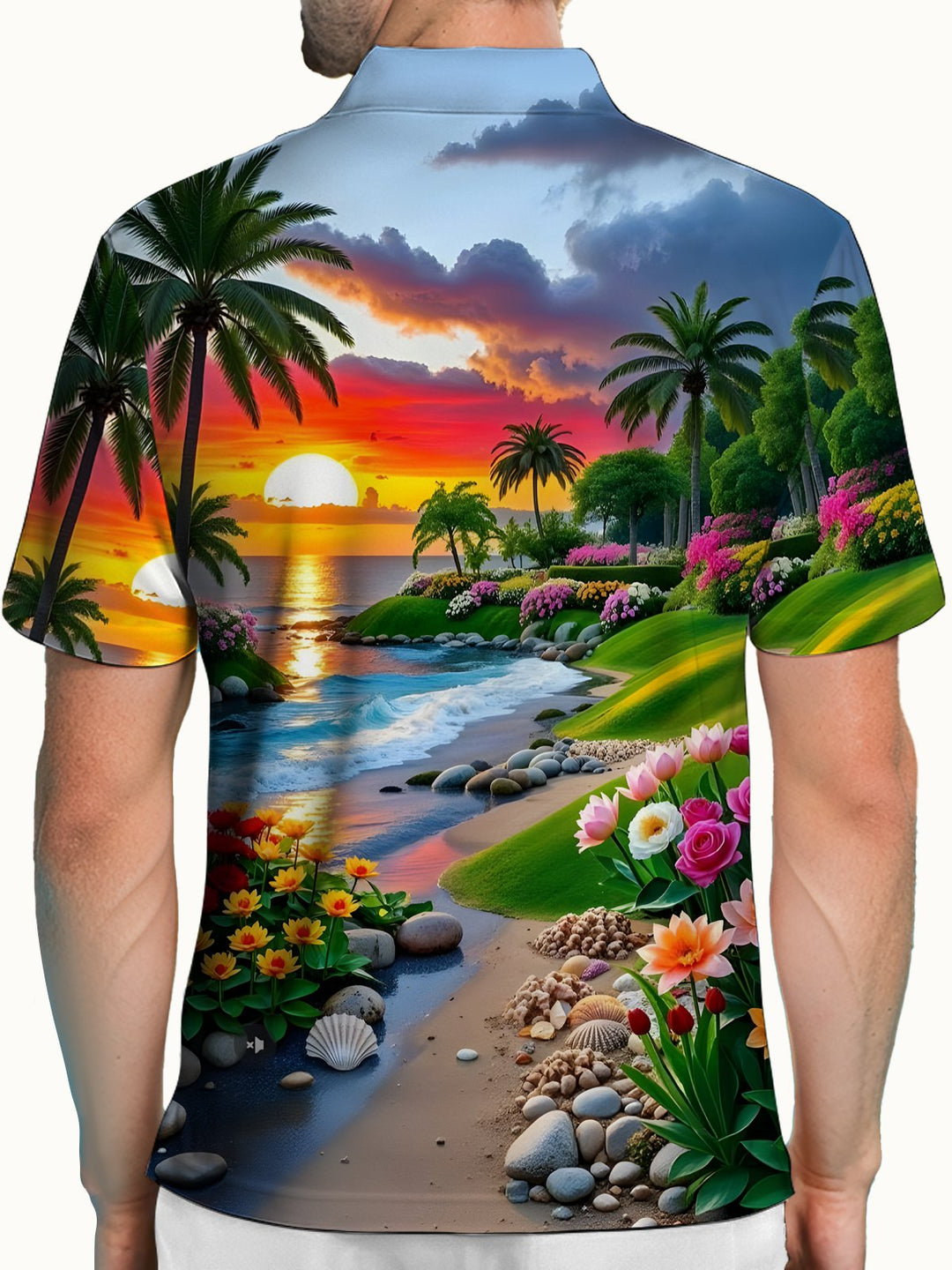 Alohadaddy® Hawaiian Beach Coconut Tree Floral Short-Sleeve Polo Shirt