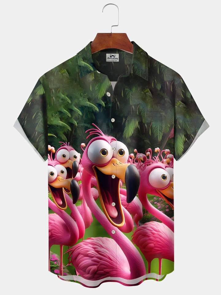 Alohadaddy Vintage Hawaiian Beach Tropical Leaves Flamingo Cartoon Shirt
