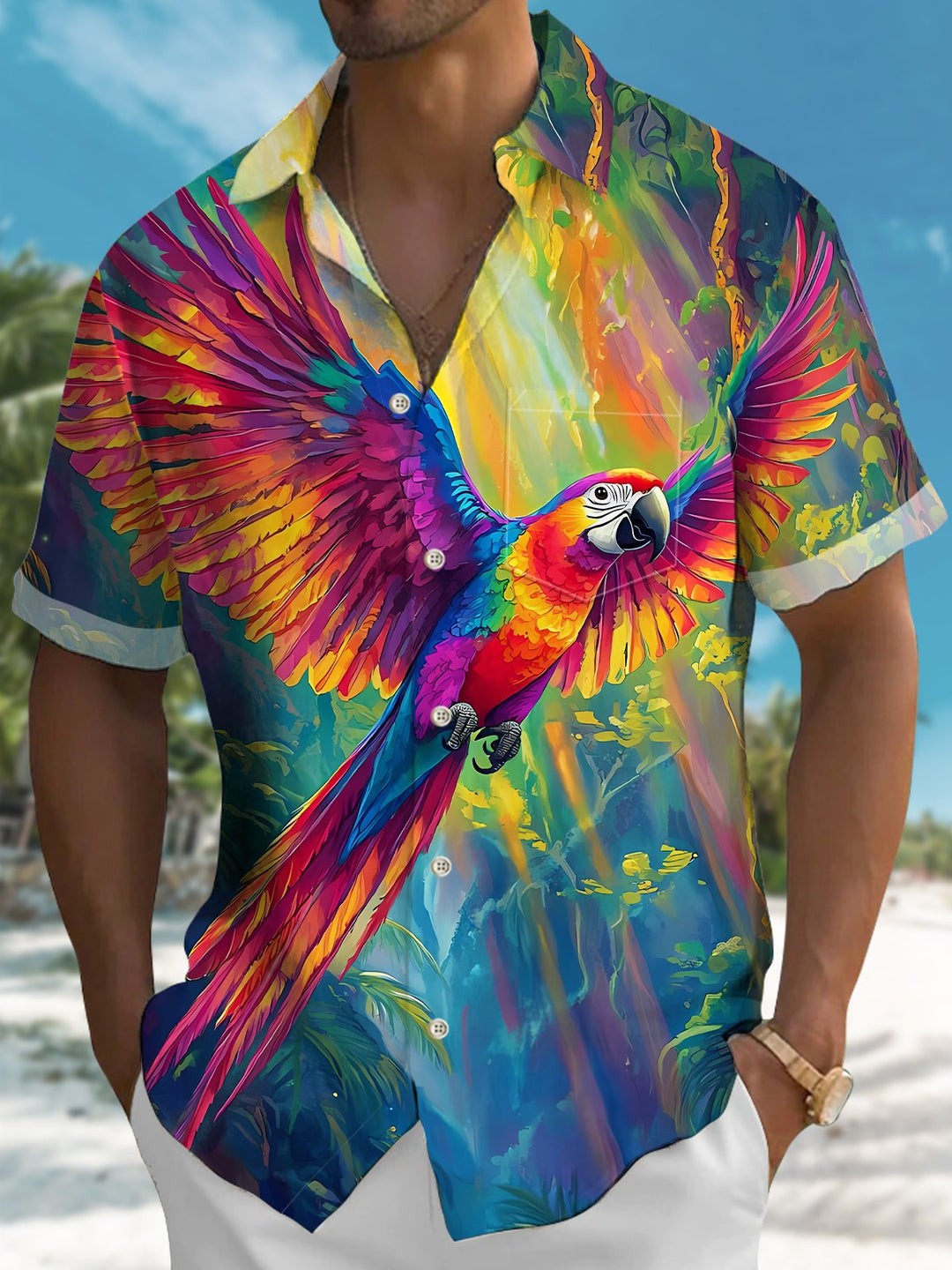 Alohadaddy Hawaii Colorful Beach Tropical Leaves Parrot Shirt