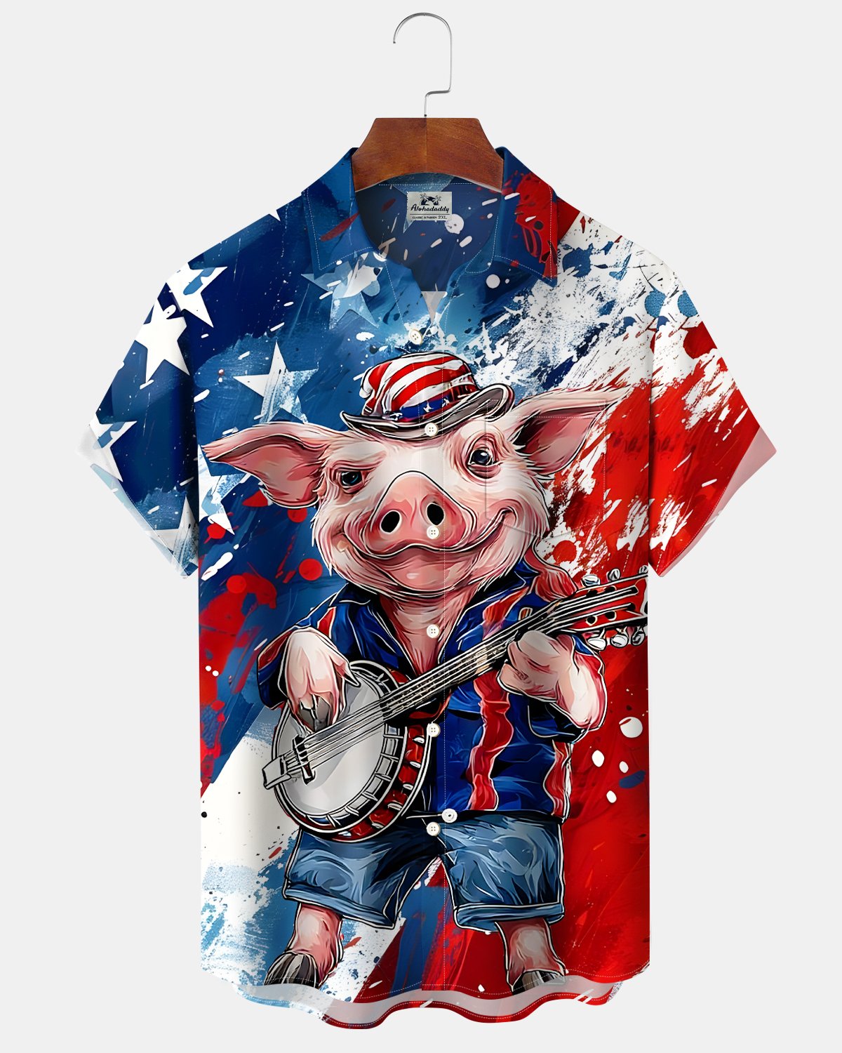 Alohadaddy® Holiday US Independence Day Retro Flag Pig Music Short-Sleeve Shirt