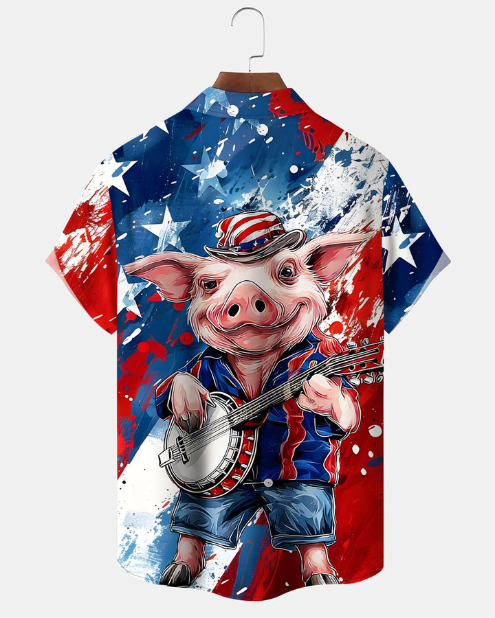 Alohadaddy® Holiday US Independence Day Retro Flag Pig Music Short-Sleeve Shirt