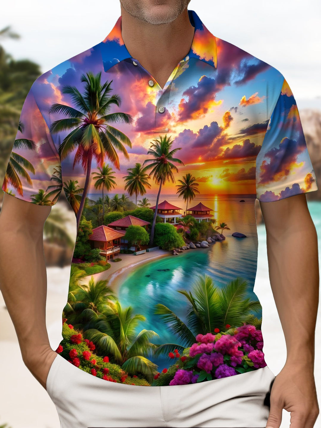 Alohadaddy® Hawaiian Beach Short-Sleeve Polo Shirt