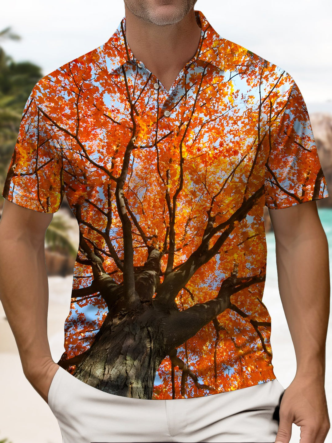 Alohadaddy® Retro Landscape Leaf Short-Sleeve Polo Shirt