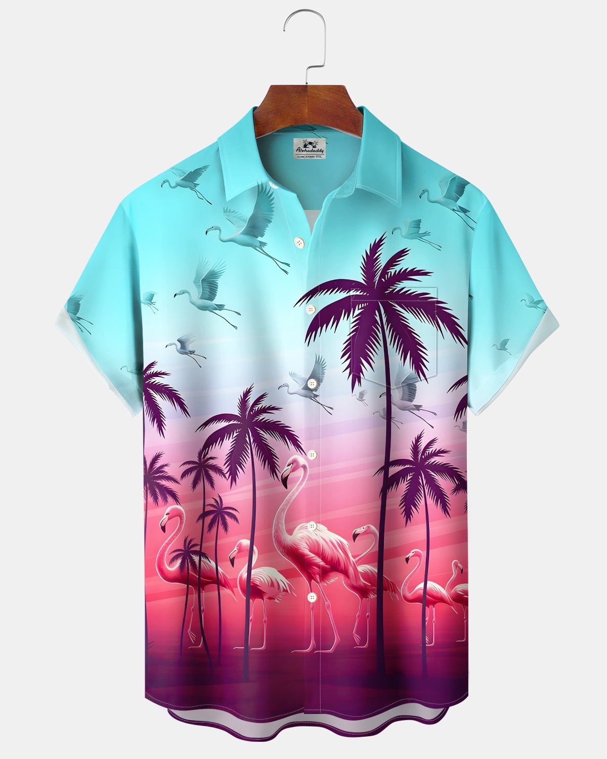 Alohadaddy® Hawaiian Coconut Tree Color Block Flamingo and Seagull Shirt