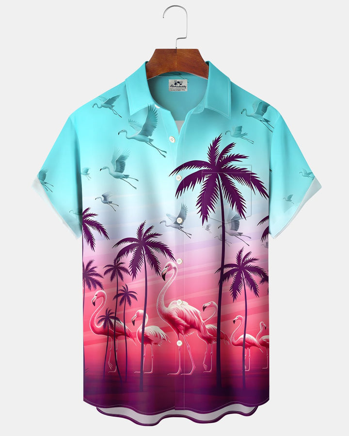 Alohadaddy® Hawaiian Coconut Tree Color Block Flamingo and Seagull Shirt