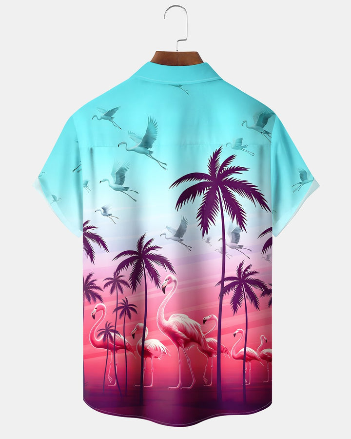 Alohadaddy® Hawaiian Coconut Tree Color Block Flamingo and Seagull Shirt