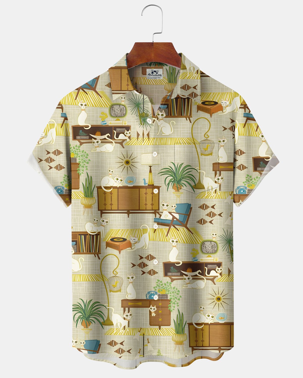 Alohadaddy® Retro Atomic Geometry Medieval Modern Cat Hawaiian Shirt