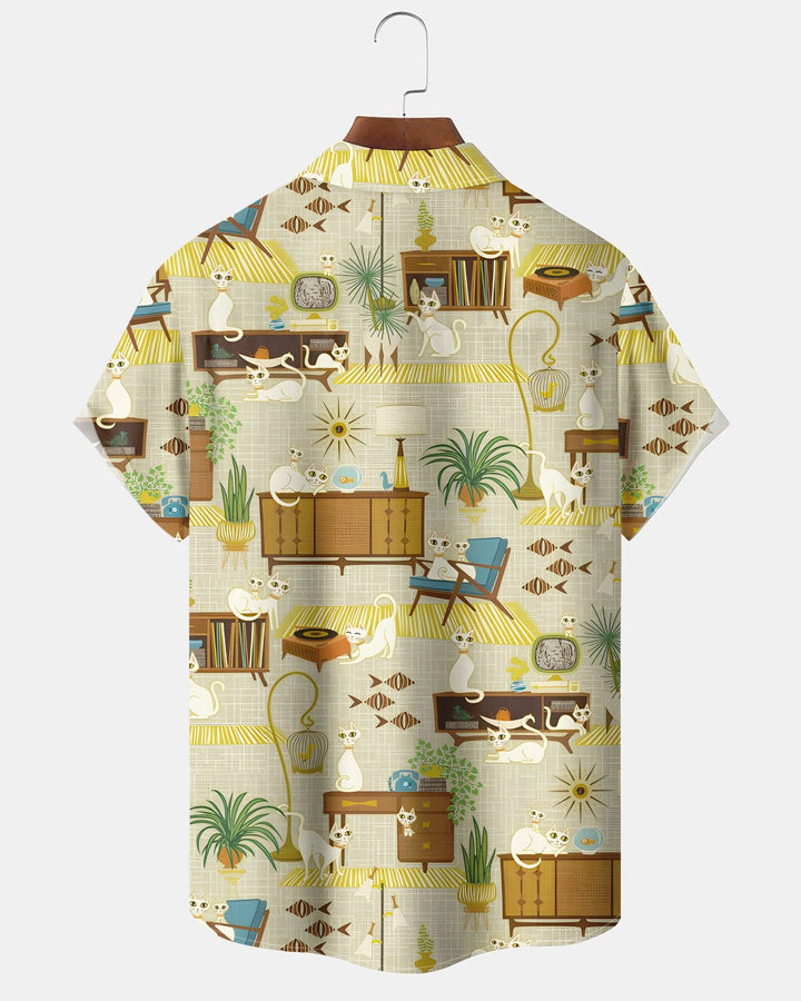 Alohadaddy® Retro Atomic Geometry Medieval Modern Cat Hawaiian Shirt
