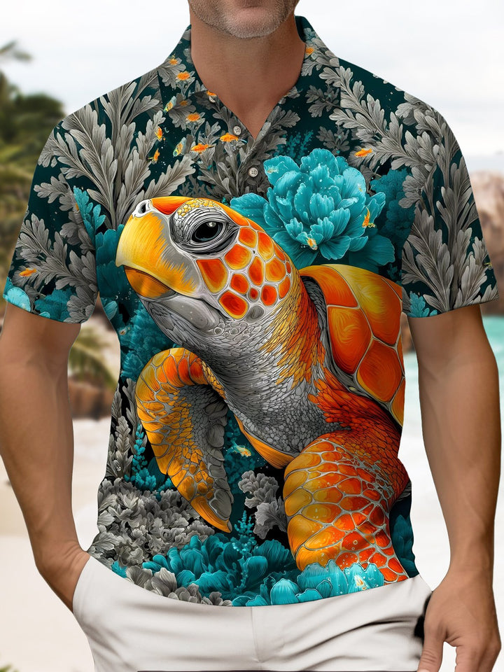 Alohadaddy® Vintage Turtle Hawaiian Floral Short-Sleeve Polo Shirt
