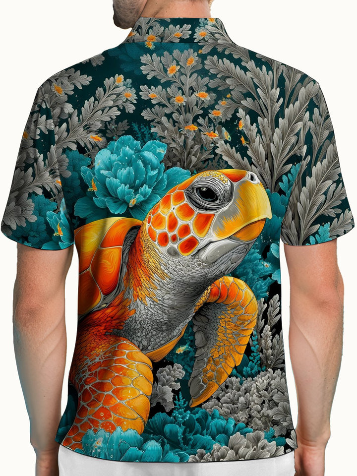 Alohadaddy® Vintage Turtle Hawaiian Floral Short-Sleeve Polo Shirt