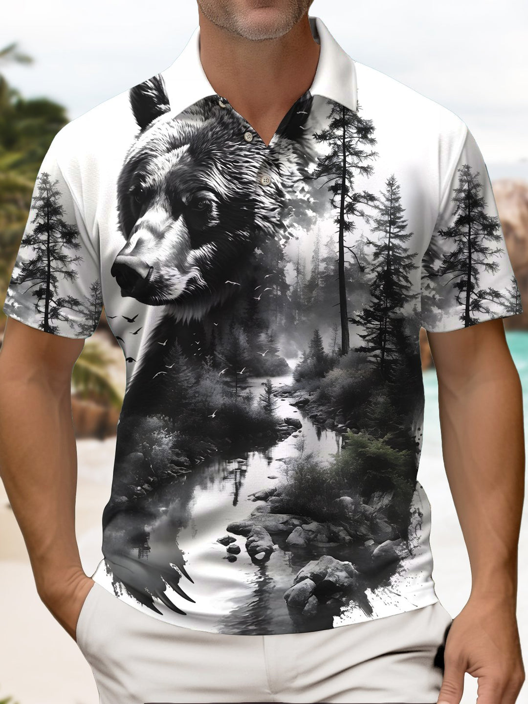 Alohadaddy® Retro Ink Bear Forest Short-Sleeve Polo Shirt