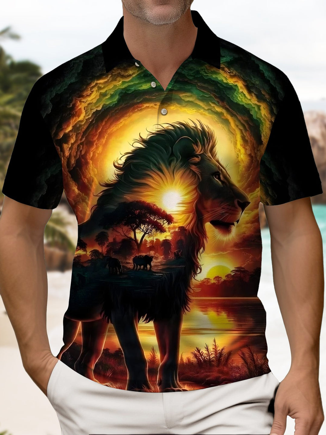 Alohadaddy® Retro Abstract Lion Short-Sleeve Polo Shirt