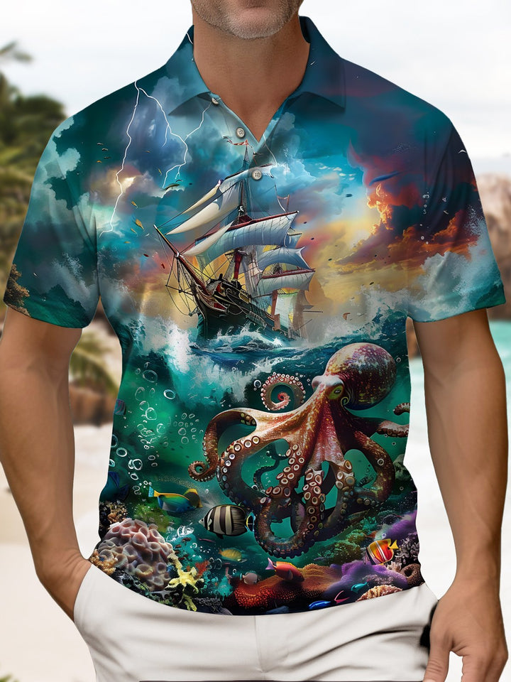 Alohadaddy® Hawaiian Octopus Sailing Ship Short-Sleeve Polo Shirt