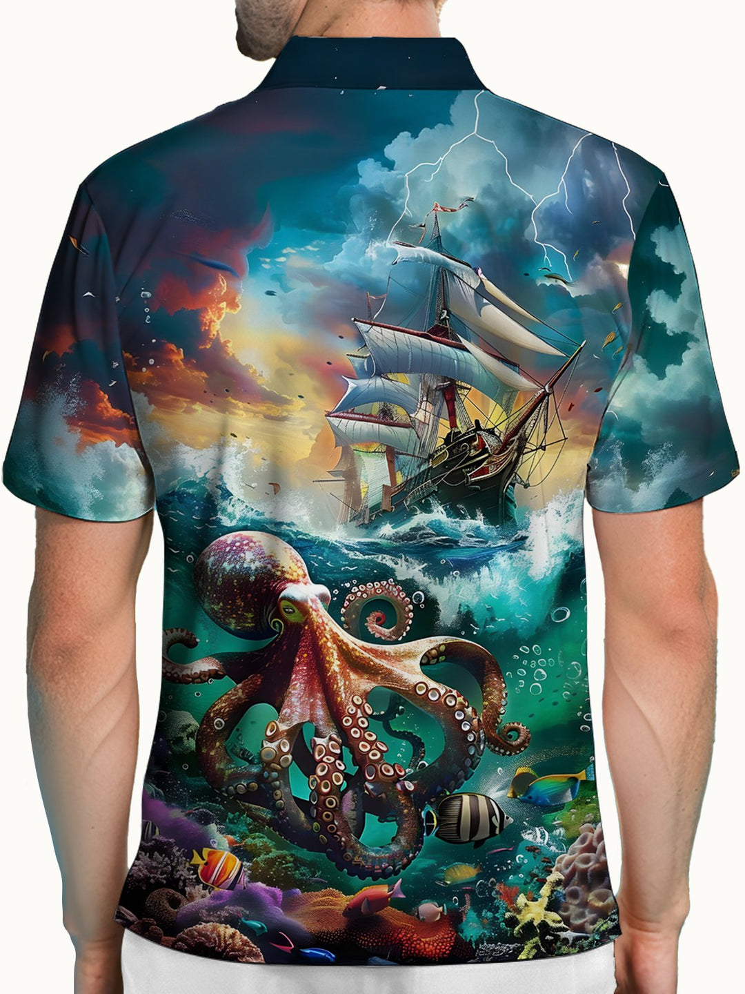 Alohadaddy® Hawaiian Octopus Sailing Ship Short-Sleeve Polo Shirt