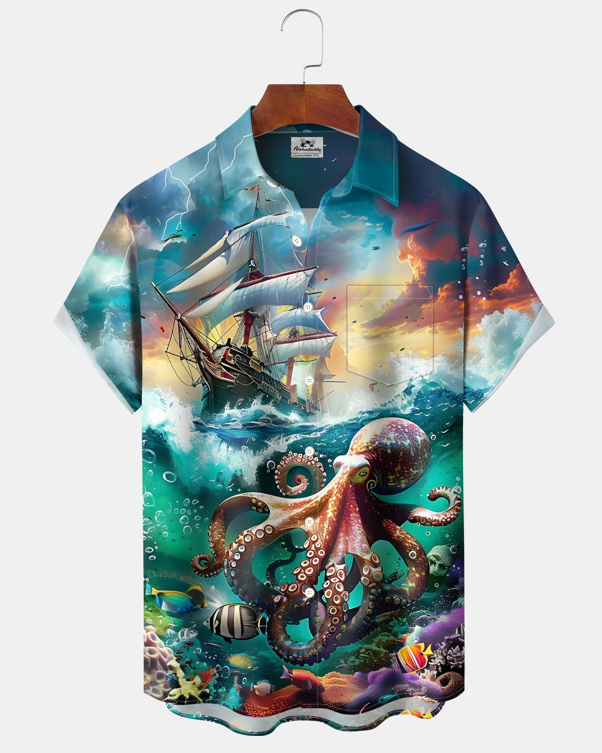 Alohadaddy® Hawaiian Ocean Octopus Sailing Sailboat Pocket Shirt