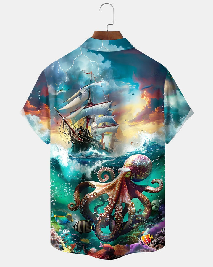 Alohadaddy® Hawaiian Ocean Octopus Sailing Sailboat Pocket Shirt