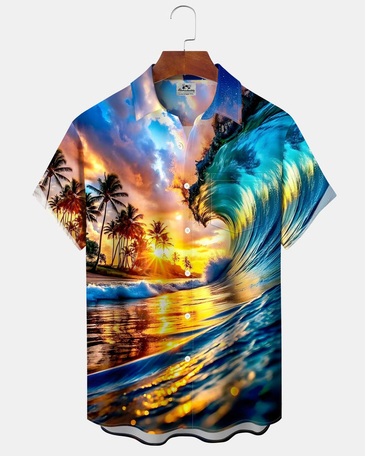 Alohadaddy® Hawaiian Beach Scenery Coconut Tree Wave Shirt