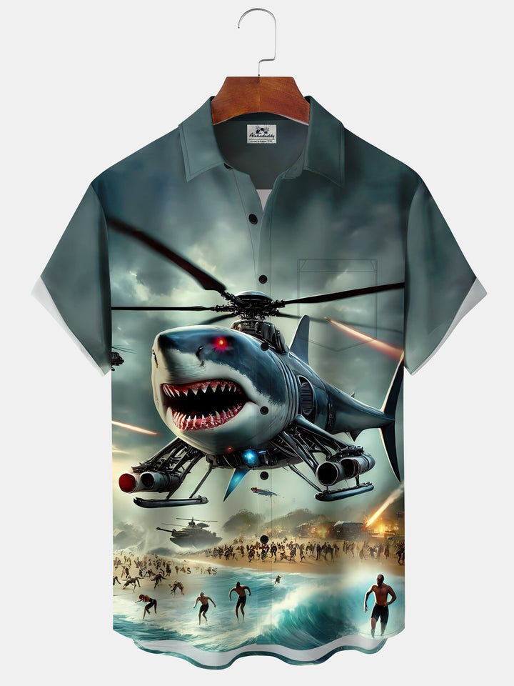 Alohadaddy Vintage Ocean Shark Jaws Hawaiian Pocket Stretch Shirt