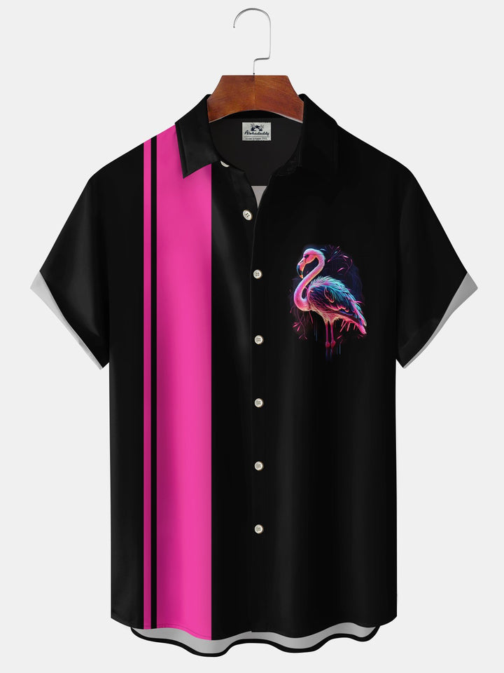 Alohadaddy Vintage Hawaiian Flamingo Neon Bowling Pocket Shirt