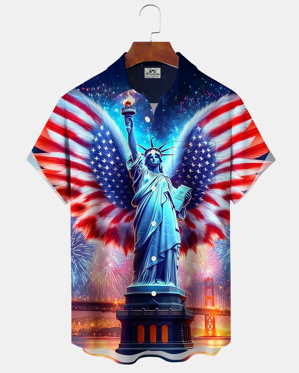 Alohadaddy® Holiday Independence Day Fireworks Statue of Liberty Flag Shirt
