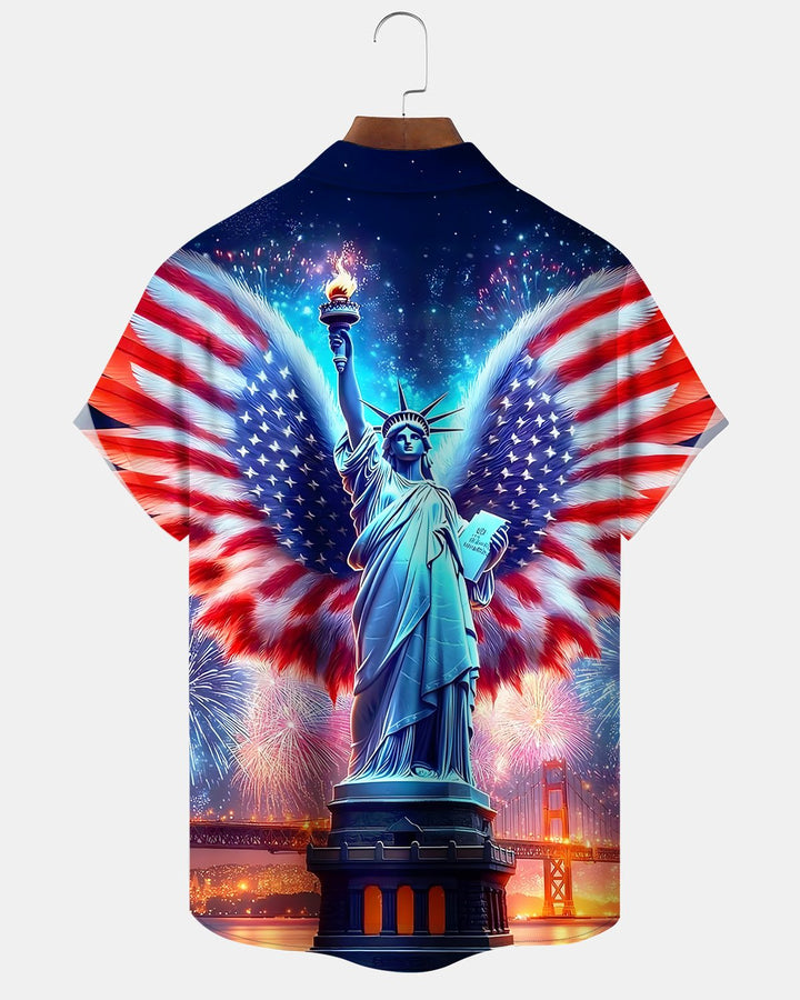 Alohadaddy® Holiday Independence Day Fireworks Statue of Liberty Flag Shirt
