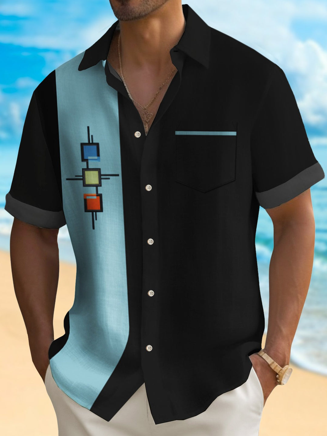 Camisa de bolos vintage de los años 50 de Alohadaddy, camisa de campamento con bolsillo de secado rápido y elástica con geometría medieval, talla grande