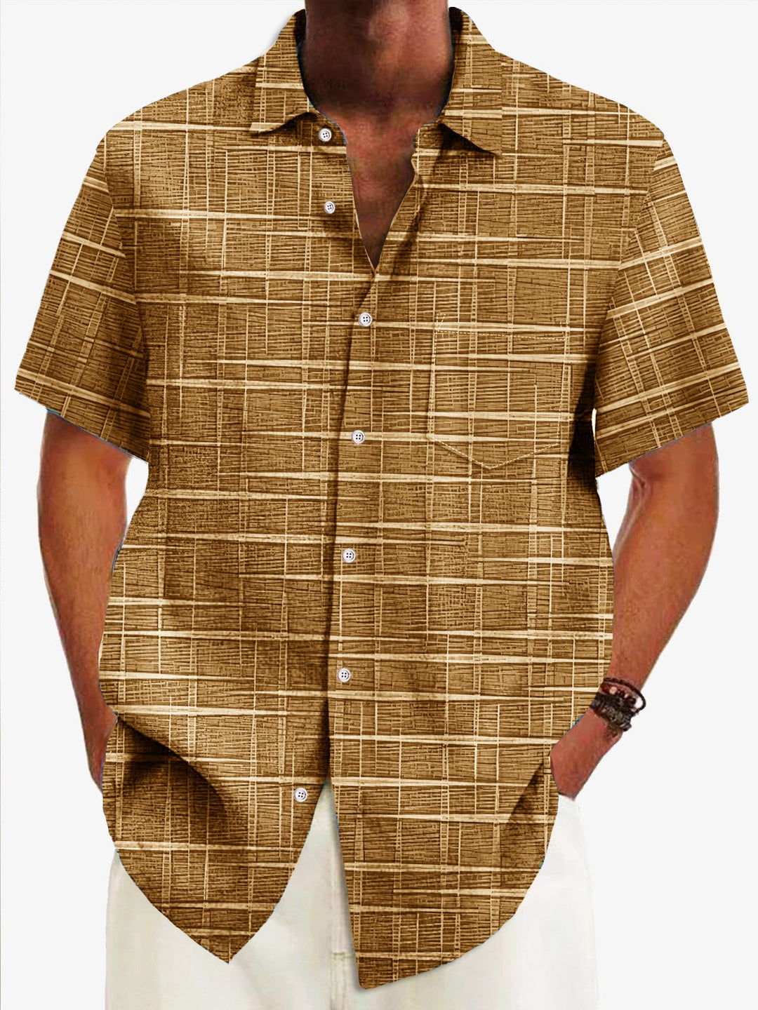 Camisa casual de hombre Alohadaddy Vintage Bamboo Jacquard con bolsillo a cuadros Camisa de campamento para hombre talla grande