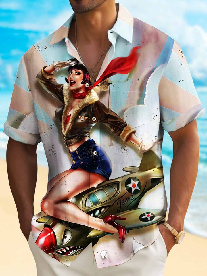 Camisa hawaiana para hombre del Día de la Independencia de Alohadaddy, camisa con bolsillo de secado rápido con arte de chica con póster de bomba atómica, talla grande