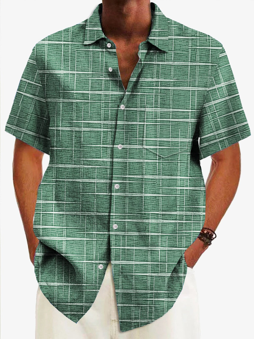 Camisa casual de hombre Alohadaddy Vintage Bamboo Jacquard con bolsillo a cuadros Camisa de campamento para hombre talla grande
