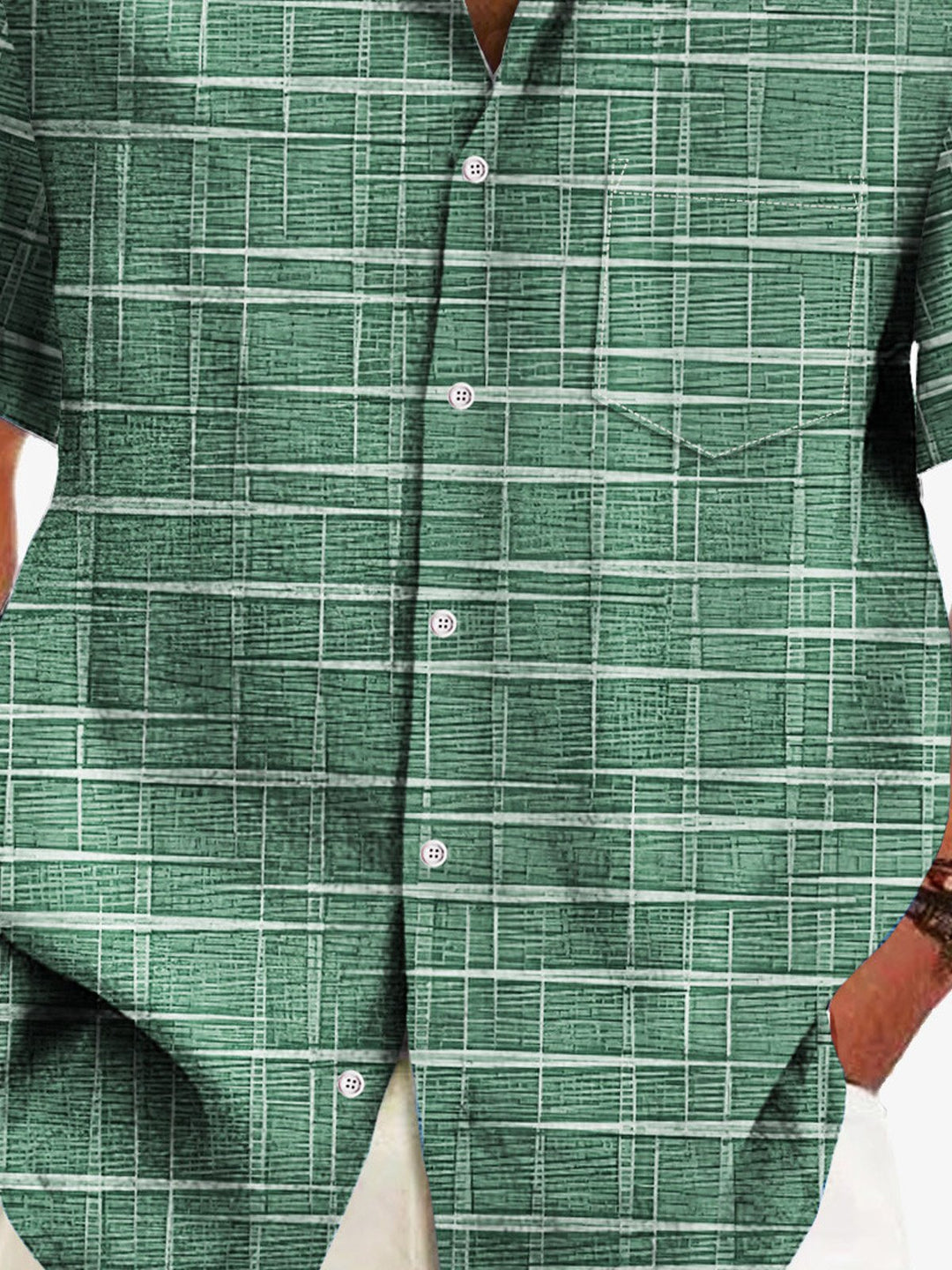 Camisa casual de hombre Alohadaddy Vintage Bamboo Jacquard con bolsillo a cuadros Camisa de campamento para hombre talla grande