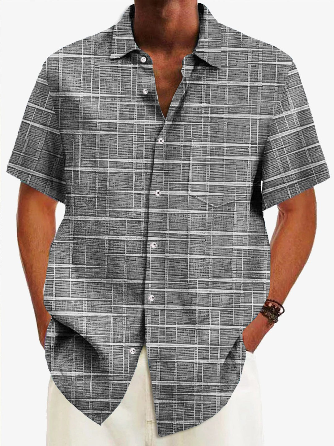 Camisa casual de hombre Alohadaddy Vintage Bamboo Jacquard con bolsillo a cuadros Camisa de campamento para hombre talla grande