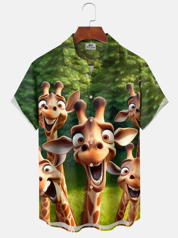 Alohadaddy Hawaiian Retro Cartoon Giraffe Pocket Short Sleeve Shirt