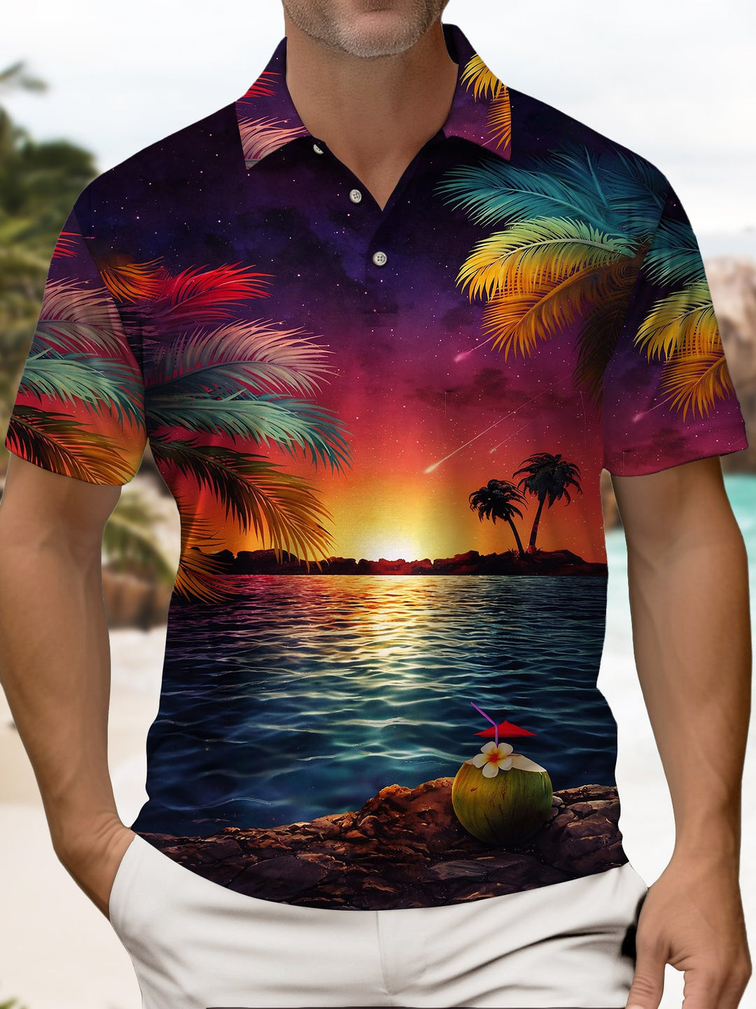 Alohadaddy® Hawaiian Beach Coconut Tree Short-Sleeve Polo Shirt