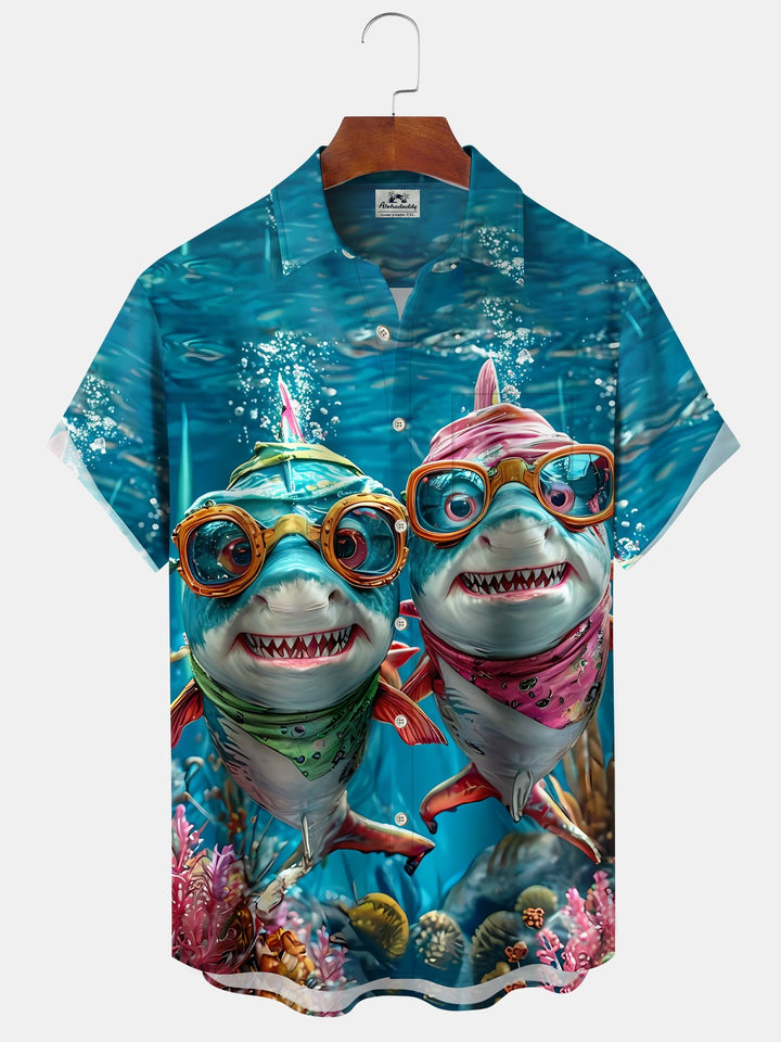 Alohadaddy Retro Hawaiian Tropical Ocean Shark Cartoon Funny Pocket Shirt