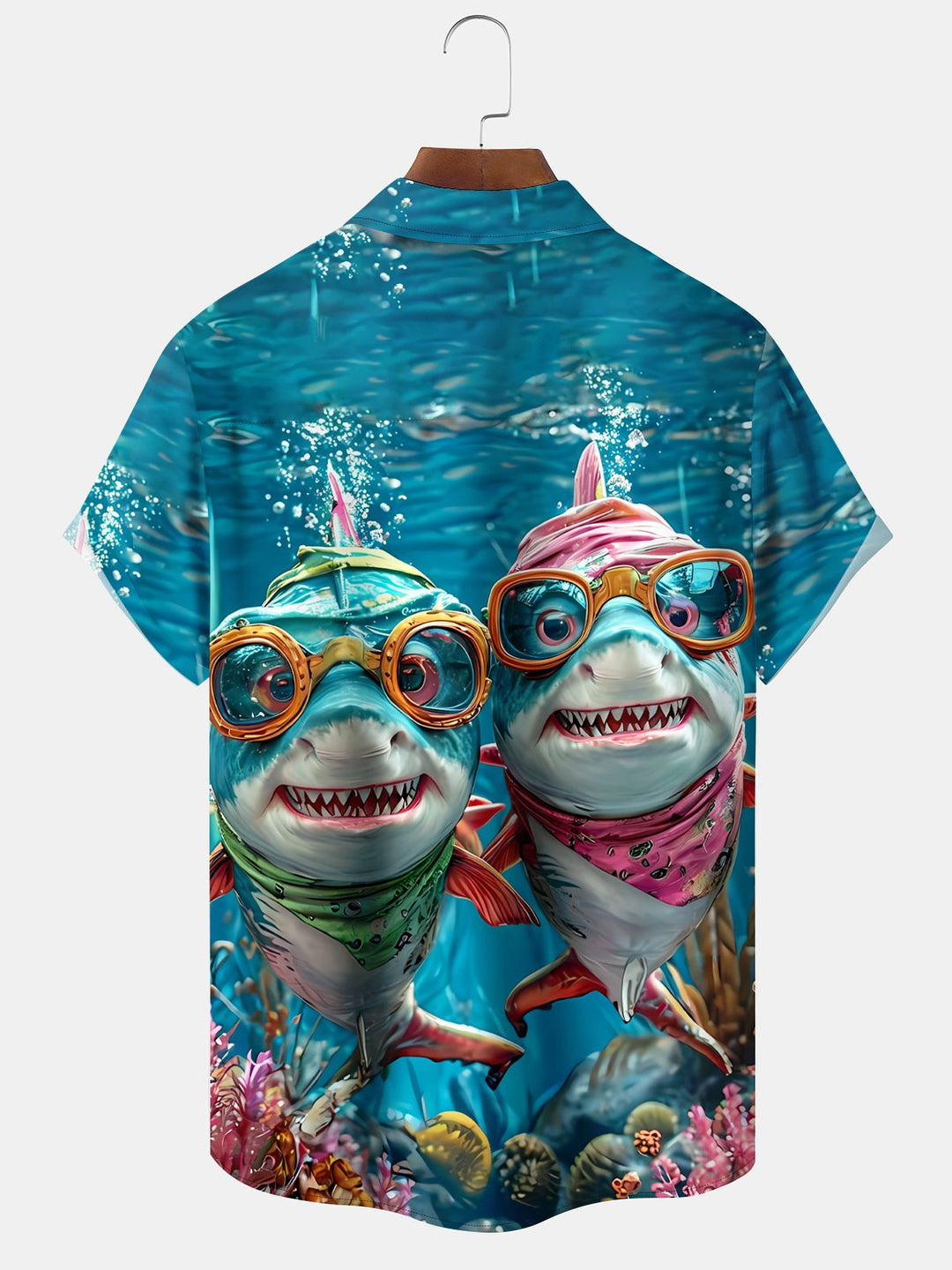 Alohadaddy Retro Hawaiian Tropical Ocean Shark Cartoon Funny Pocket Shirt