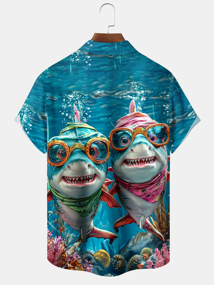 Alohadaddy Retro Hawaiian Tropical Ocean Shark Cartoon Funny Pocket Shirt
