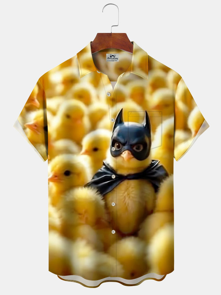 Alohadaddy Retro Cartoon Chicken Batman Funny Short Sleeve Pocket Shirt
