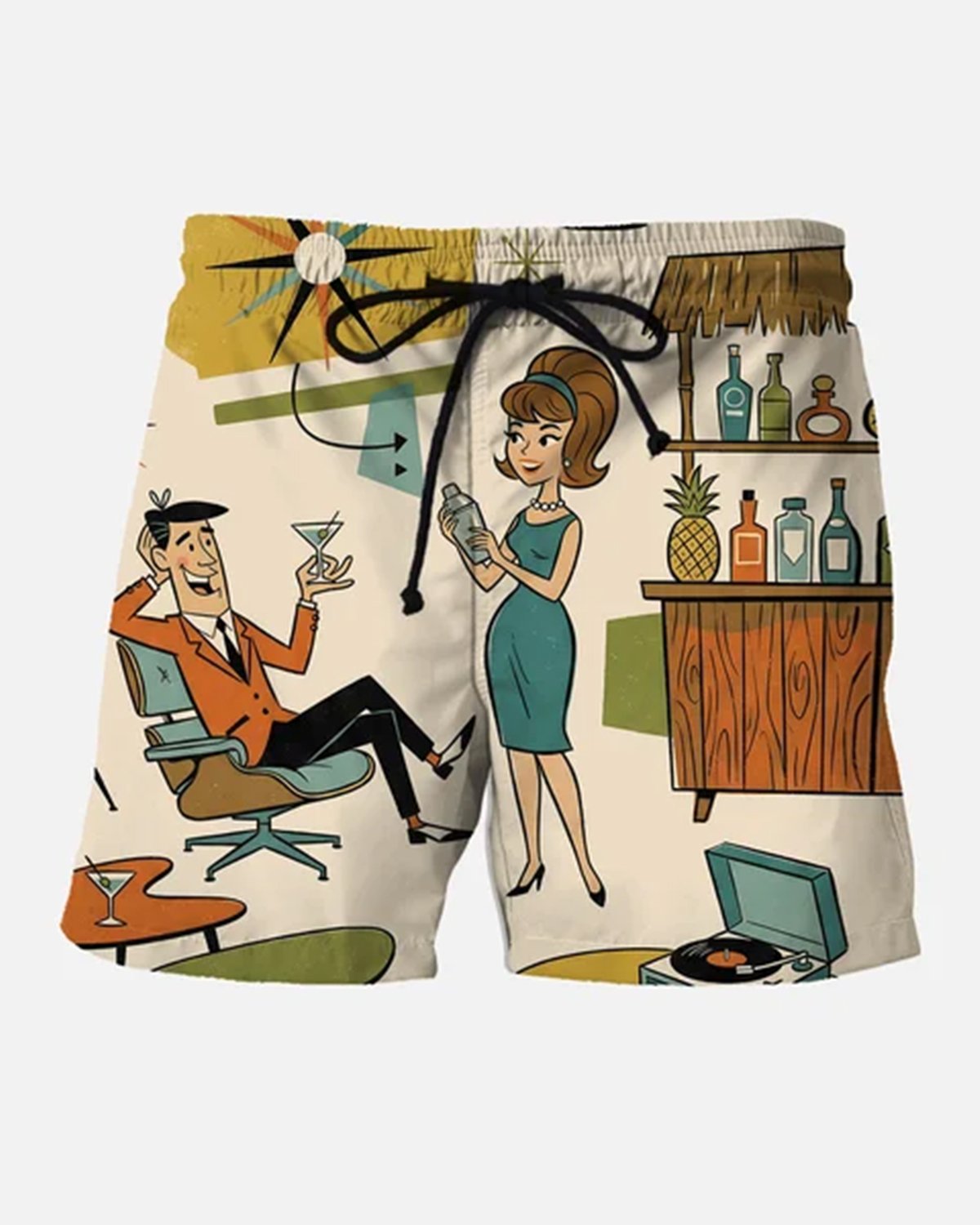 Alohadaddy® Men's Vintage 1950s Mid-Century Modern Atomic Age Cocktail Party Illustration Retro Print Beach Shorts